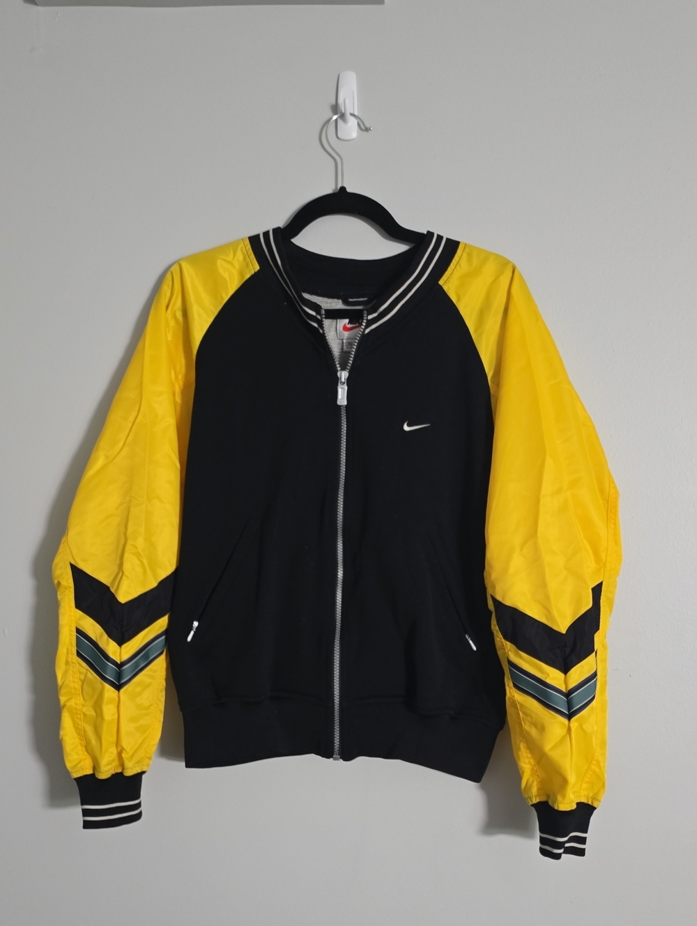 Nike Black and Yellow Zip Bomber Jacket with Chevron Sleeve Detail